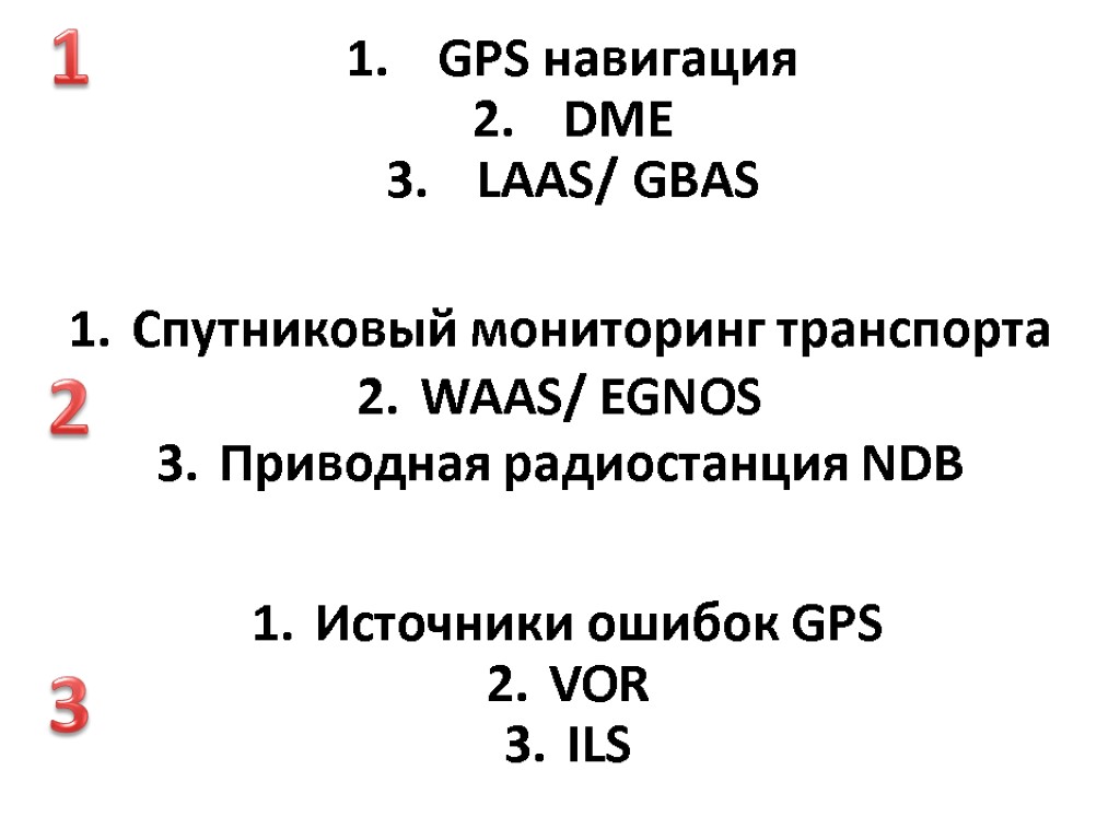 GPS навигация DME LAAS/ GBAS Спутниковый мониторинг транспорта WAAS/ EGNOS Приводная радиостанция NDB Источники